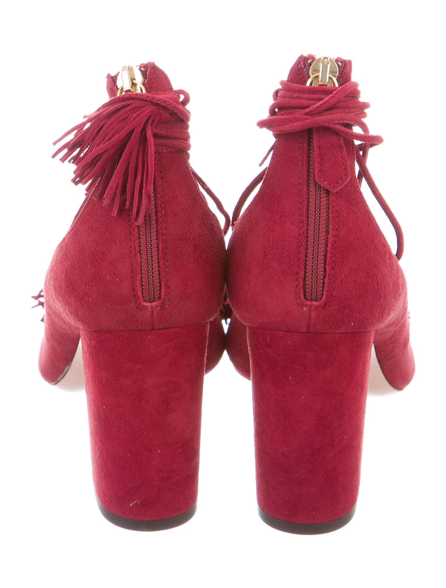 Women's Aquazzura New Red Cashmere Suede Tassel Tie Up Sandals Pumps in Box