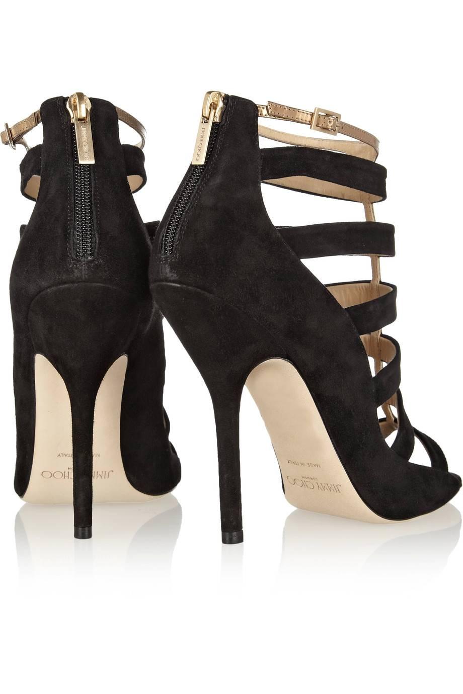 Women's Jimmy Choo New Black Suede Gold Detail Cut Out Evening Heels Sandals in Box 