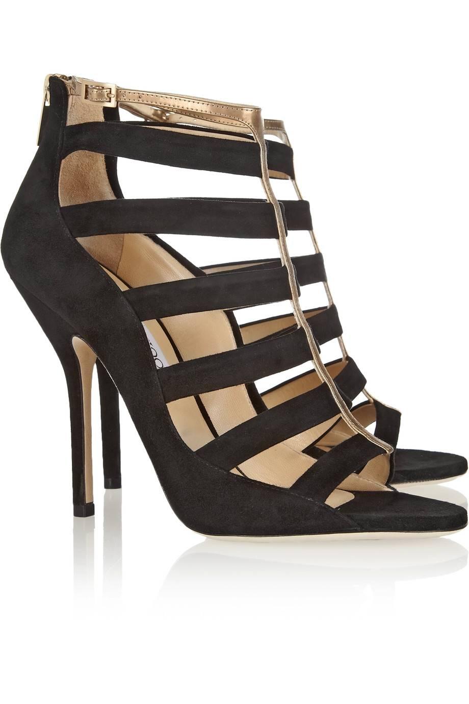Jimmy Choo New Black Suede Gold Detail Cut Out Evening Heels Sandals in Box  In New Condition In Chicago, IL