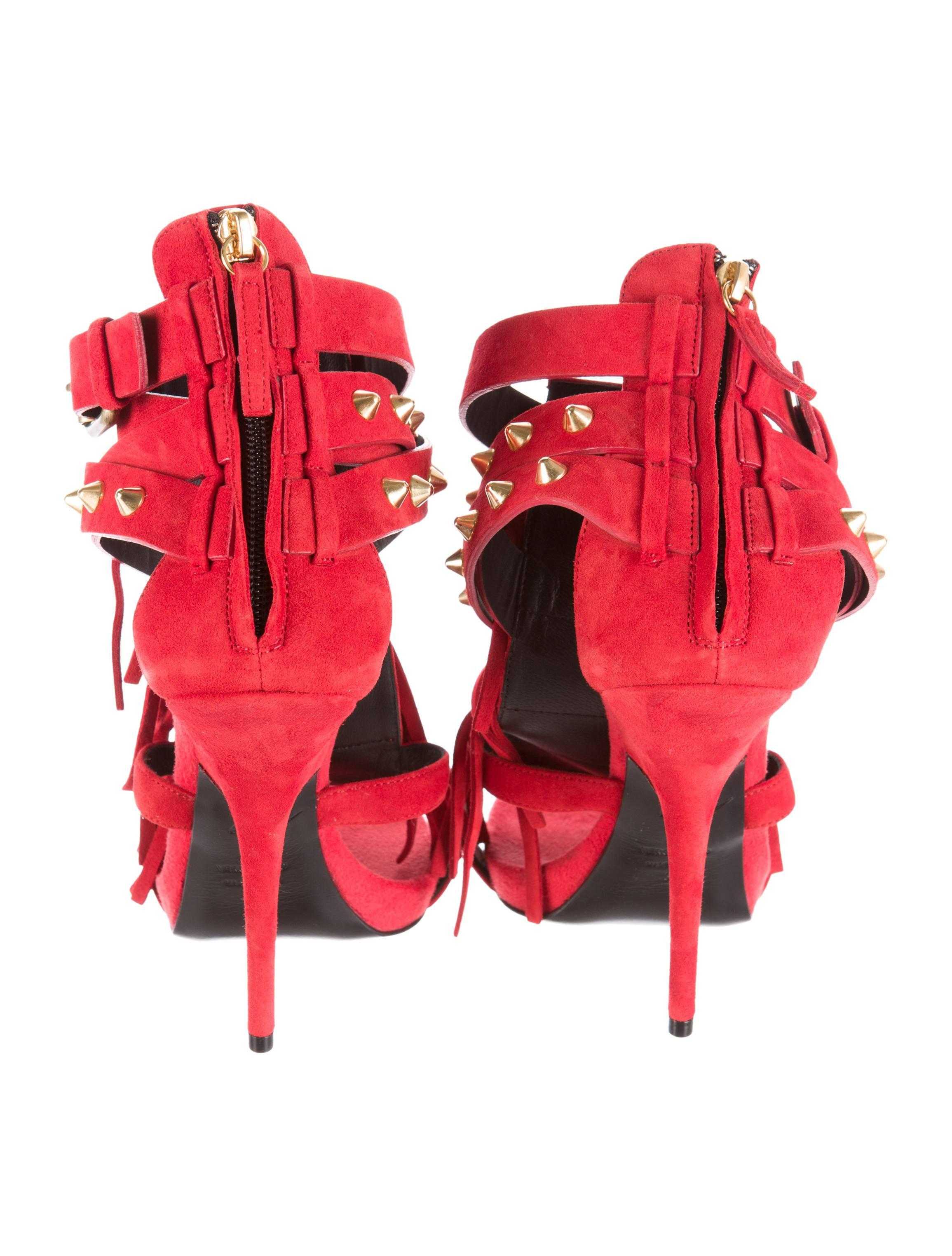 Giuseppe Zanotti New Red Suede Stud Tassel Sandals Heels in Box In New Condition In Chicago, IL
