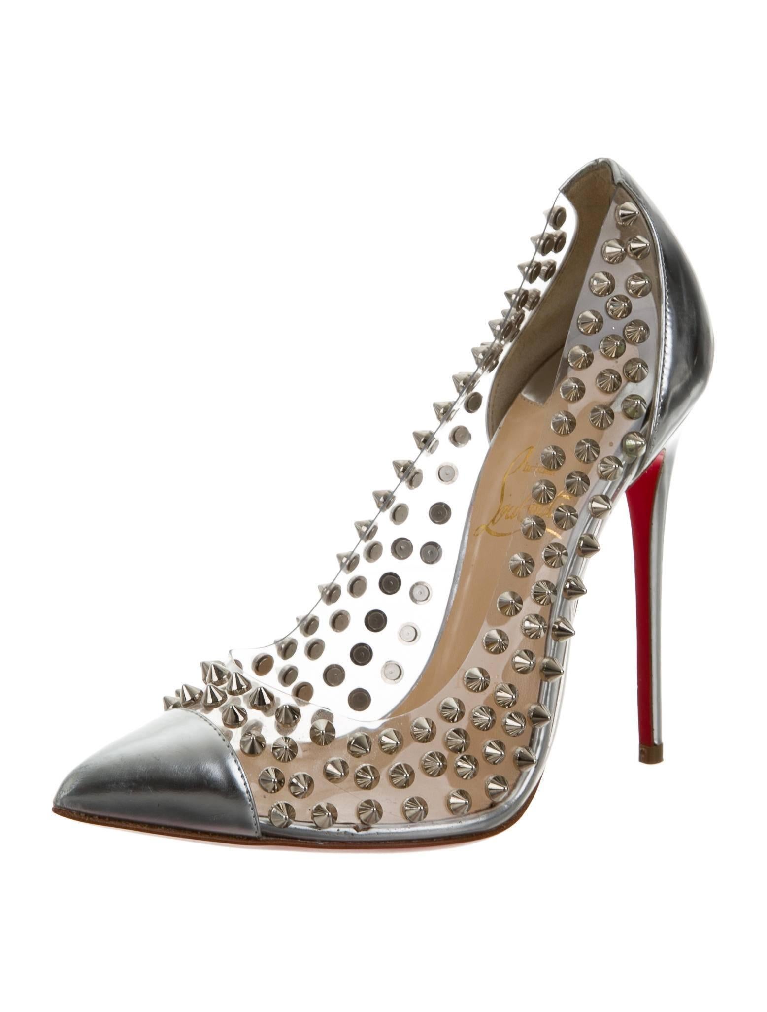 Christian Louboutin Silver Leather Stud Transparent Evening Heels Pumps  In New Condition In Chicago, IL