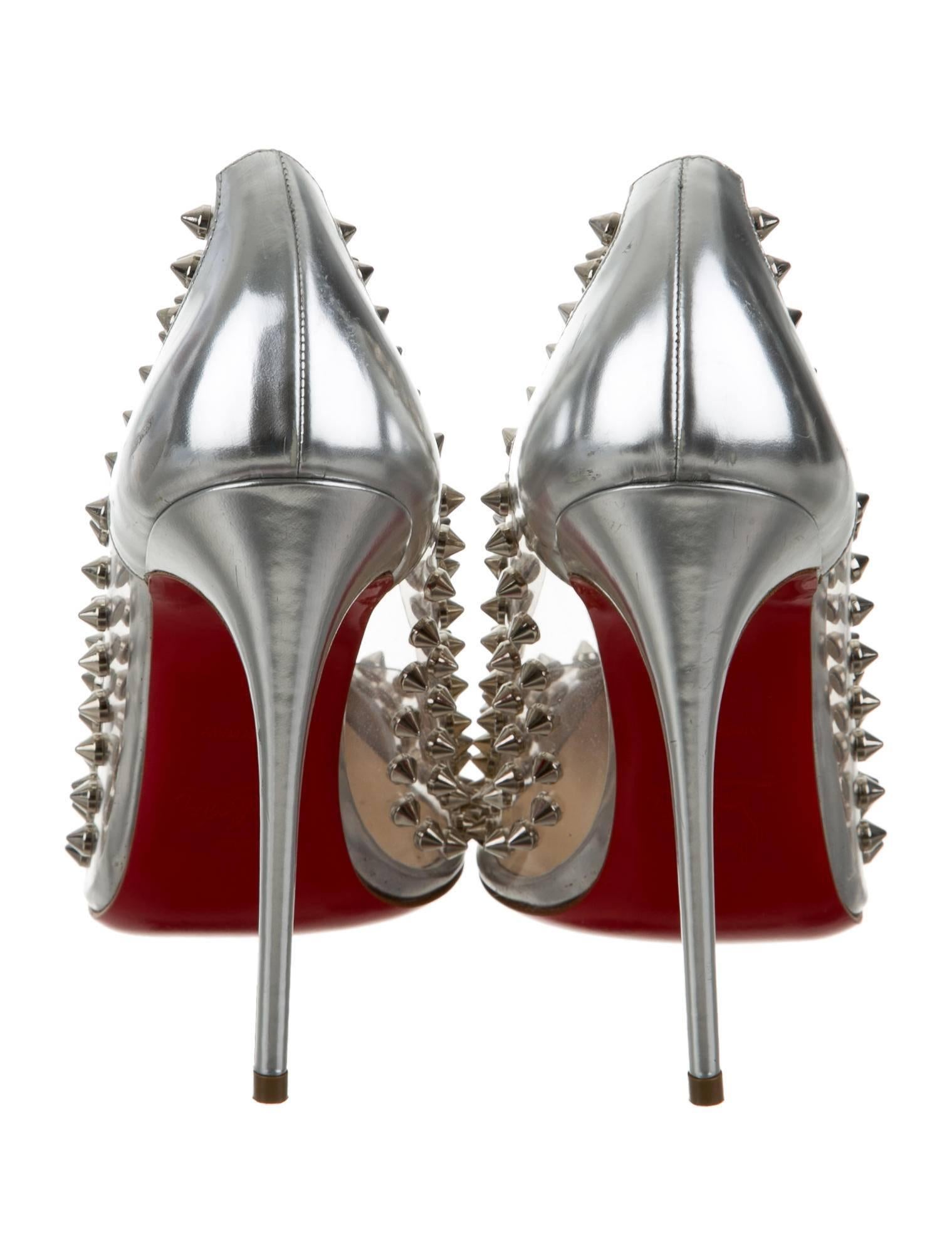 Women's Christian Louboutin Silver Leather Stud Transparent Evening Heels Pumps 