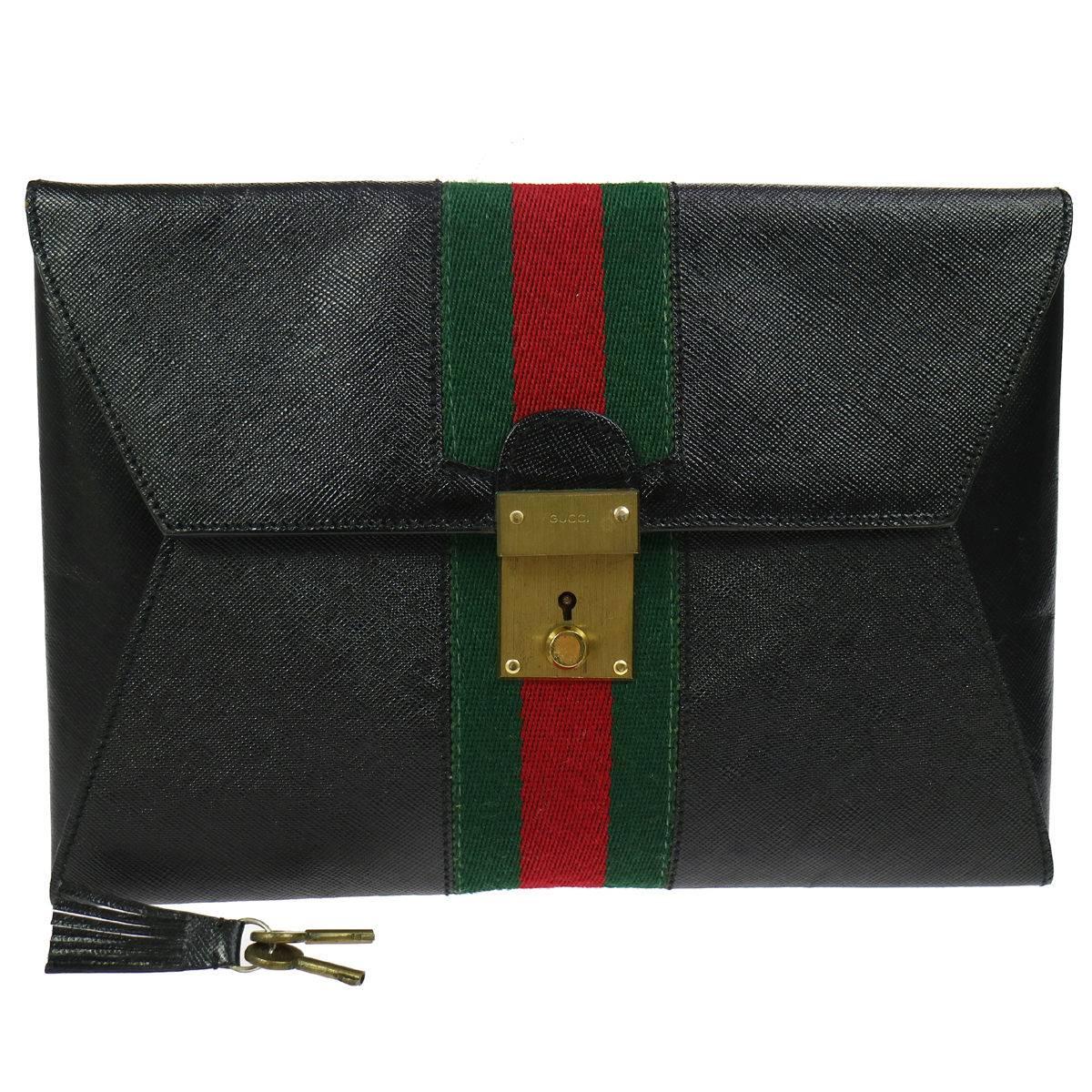 Gucci Black Leather Web Men's Women's Tech Envelope Evening Clutch Bag With Keys