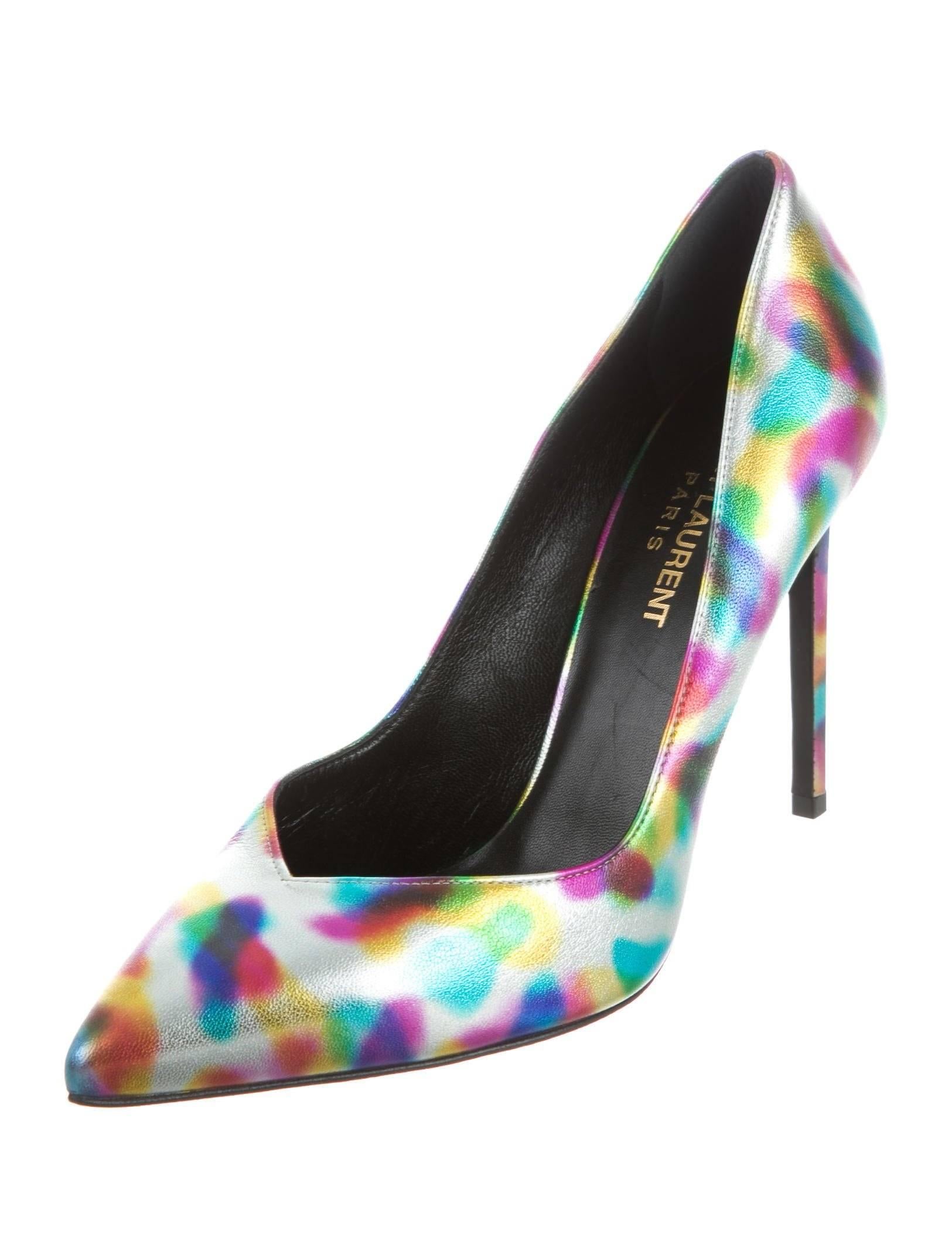 Gray Saint Laurent New Rainbow Leather Evening Heels Pumps Shoes in Box