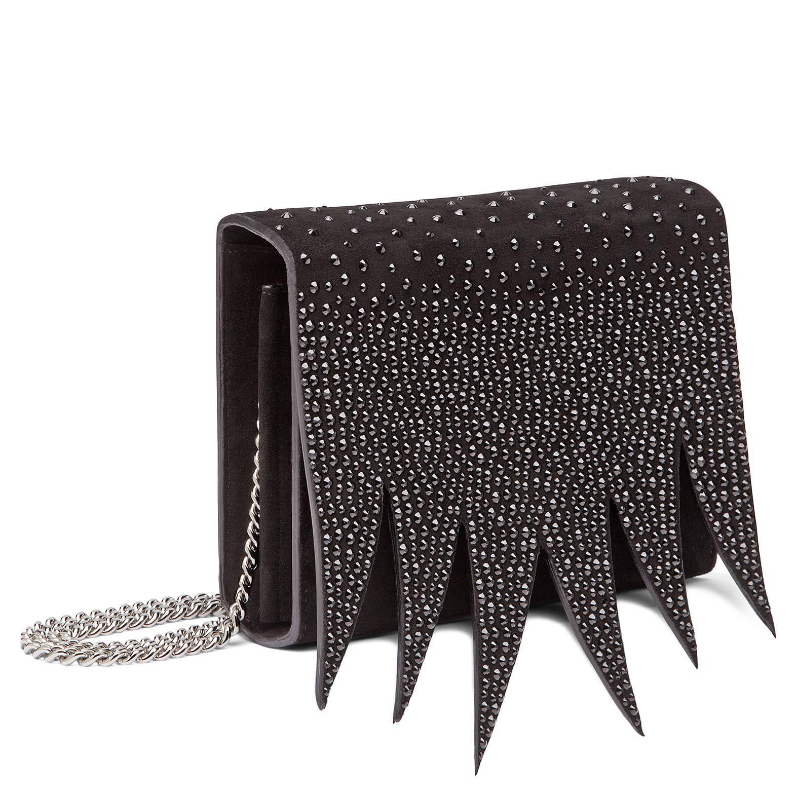 Giuseppe Zanotti New Black Suede Crystal Zig Zag Evening Clutch Shoulder Flap Ba In New Condition In Chicago, IL
