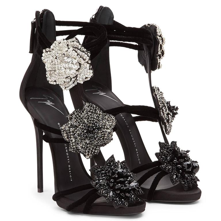 Giuseppe Zanotti New Black Crystal Flower Evening Sandals Heels in Box ...