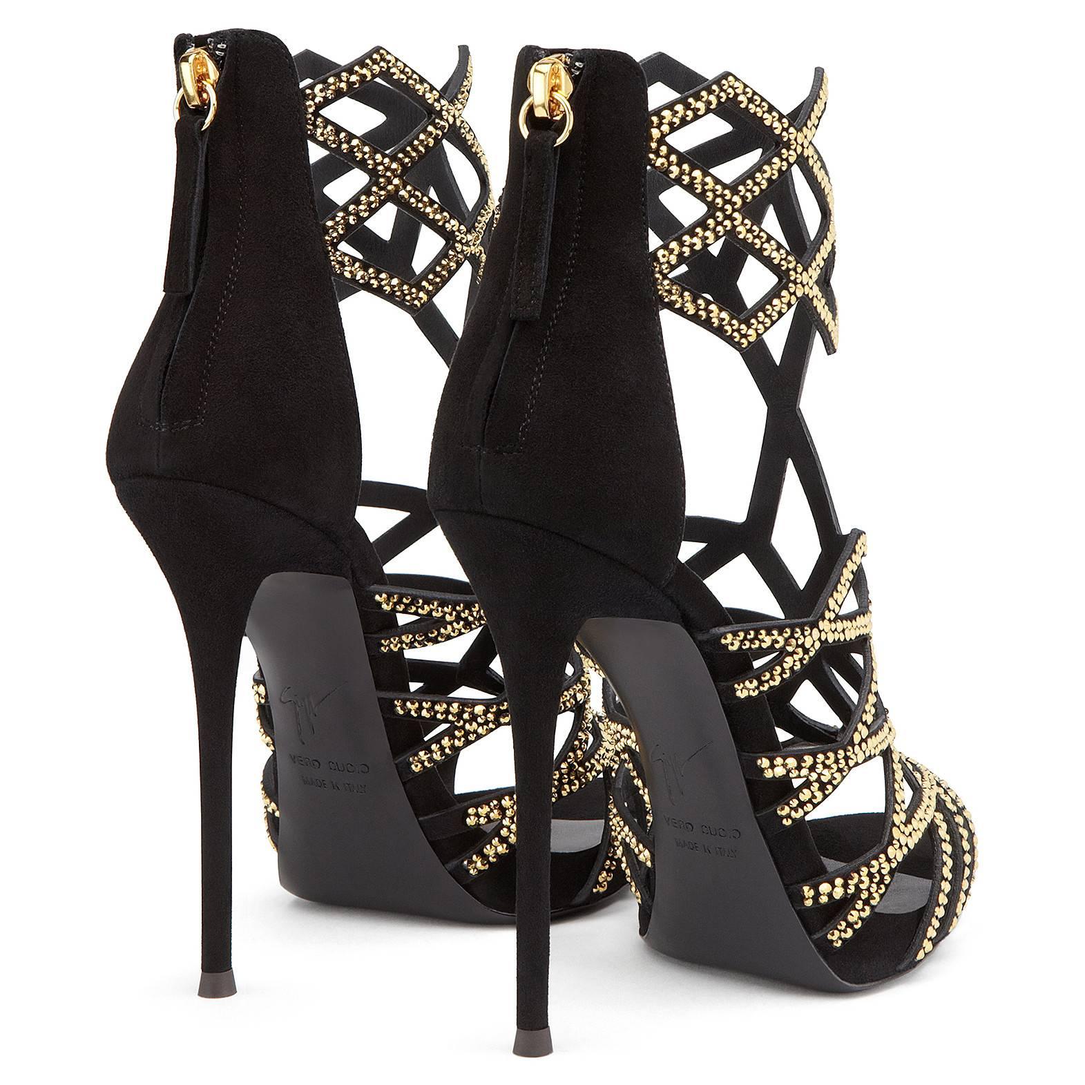 Giuseppe Zanotti New Black Suede Gold Crystal Web Evening Sandals Heels in Box In New Condition In Chicago, IL