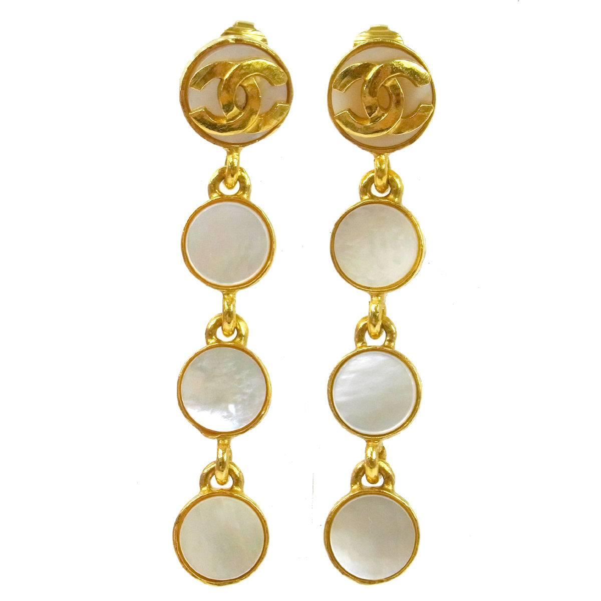 Chanel Vintage Mother of Pearl Gold Coin Dangle Drop Evening Earrings in Box