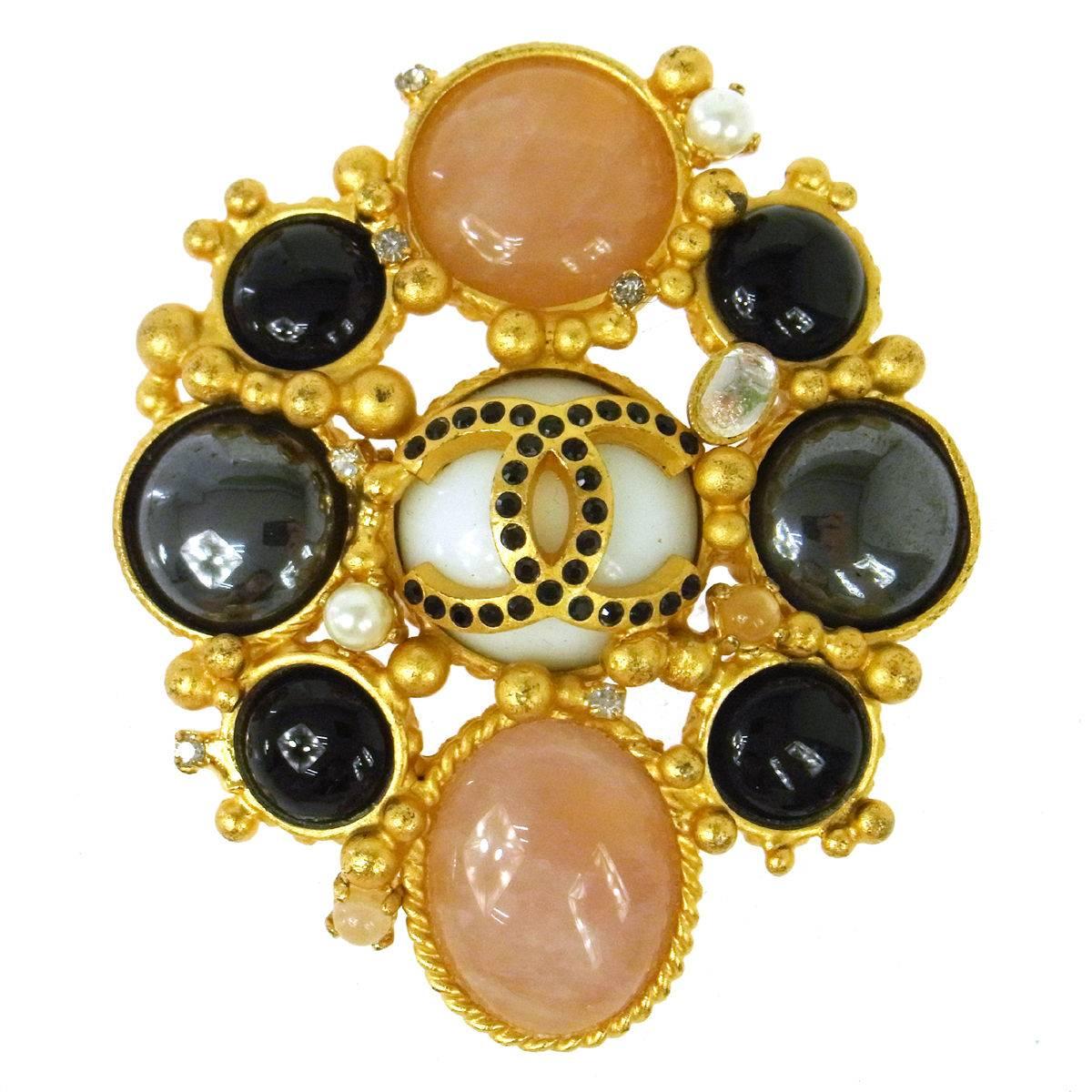 Chanel Gold Pink Black Poured Glass Gripoix Pearl Crystal Pin Brooch