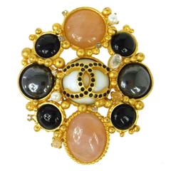 Chanel Gold Pink Black Poured Glass Gripoix Pearl Crystal Pin Brooch Chanel Gold Pink Black Poured Glass Gripoix Pearl Crystal Pin Brooch
