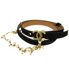 Chanel Current Black Suede Gold Metal Pearl Embellished Charm Belt in Box