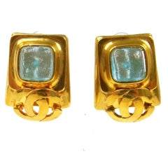 Chanel Vintage Gold Charm Blue Poured Glass Stud Dangle Evening Earrings in Box
