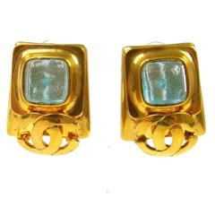 Chanel Vintage Gold Charm Blue Poured Glass Stud Dangle Evening Earrings in Box 1