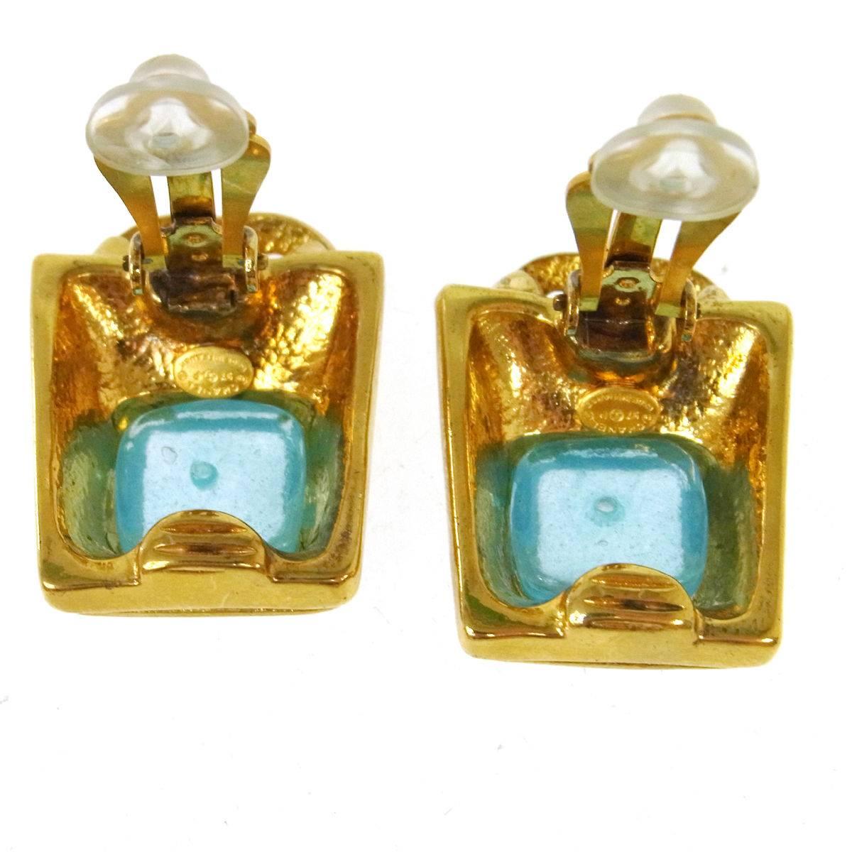 Chanel Vintage Gold Charm Blue Poured Glass Stud Dangle Evening Earrings in Box In Good Condition In Chicago, IL