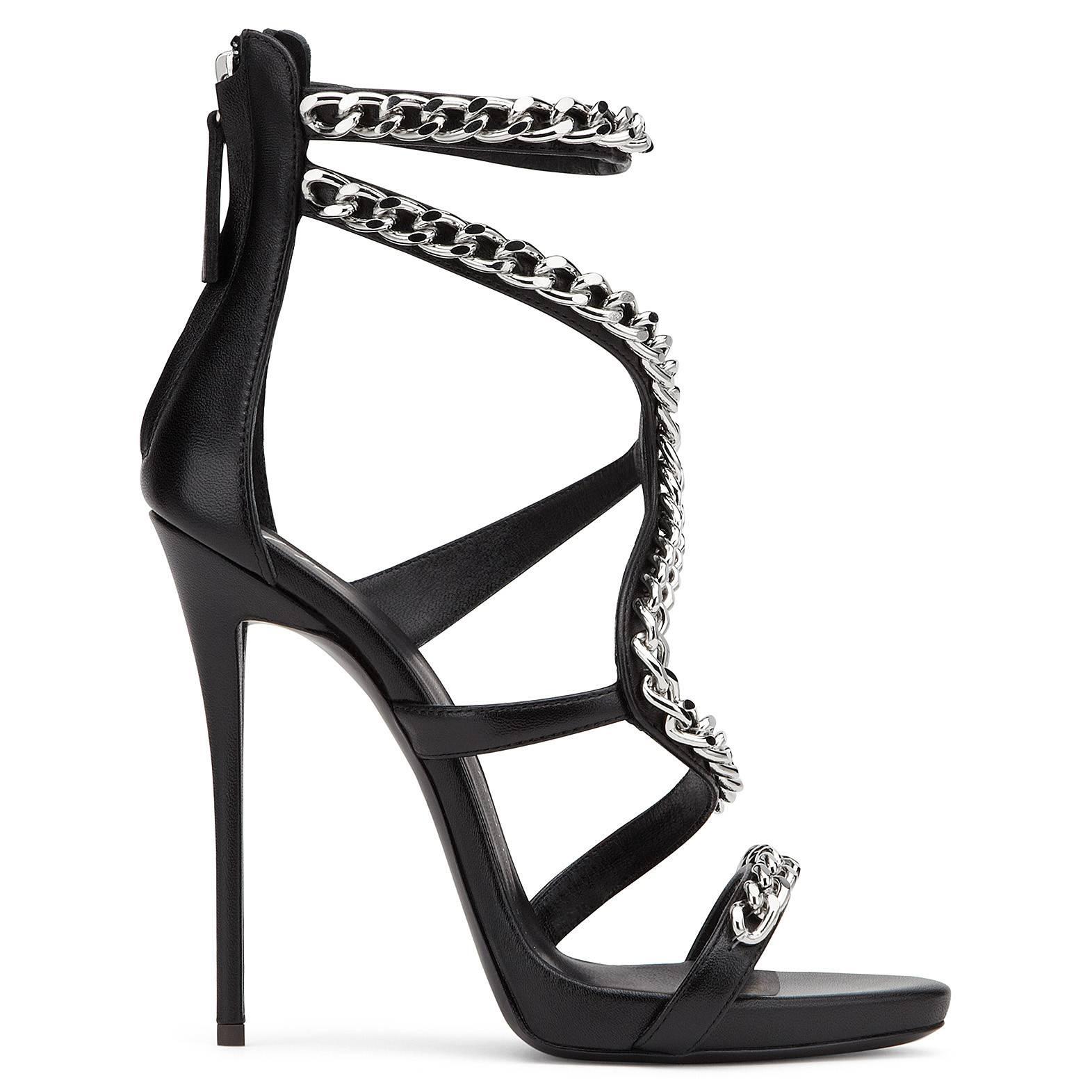 Giuseppe Zanotti New Black Leather Silver Metal Snake Heels Sandals in Box In New Condition In Chicago, IL