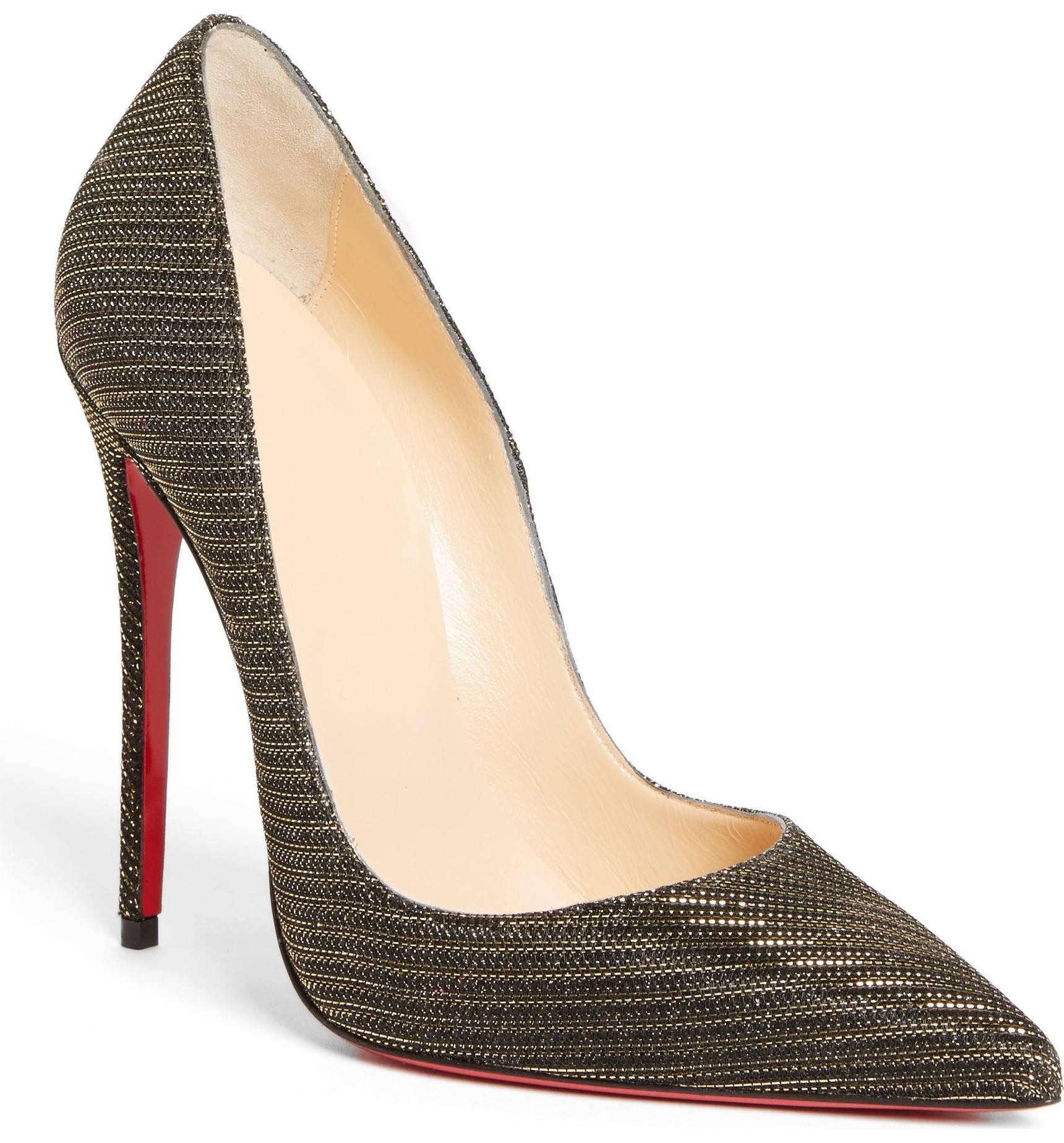 CURATOR'S NOTES

Christian Louboutin New Black Gold Glitter So Kate Evening High Heels Pumps in Box

Size IT 36.5" - Not your size?  Message us for help to find yours.
Glitter fabric
Slip on 
Made in Italy
Heel height 4.75"
Includes