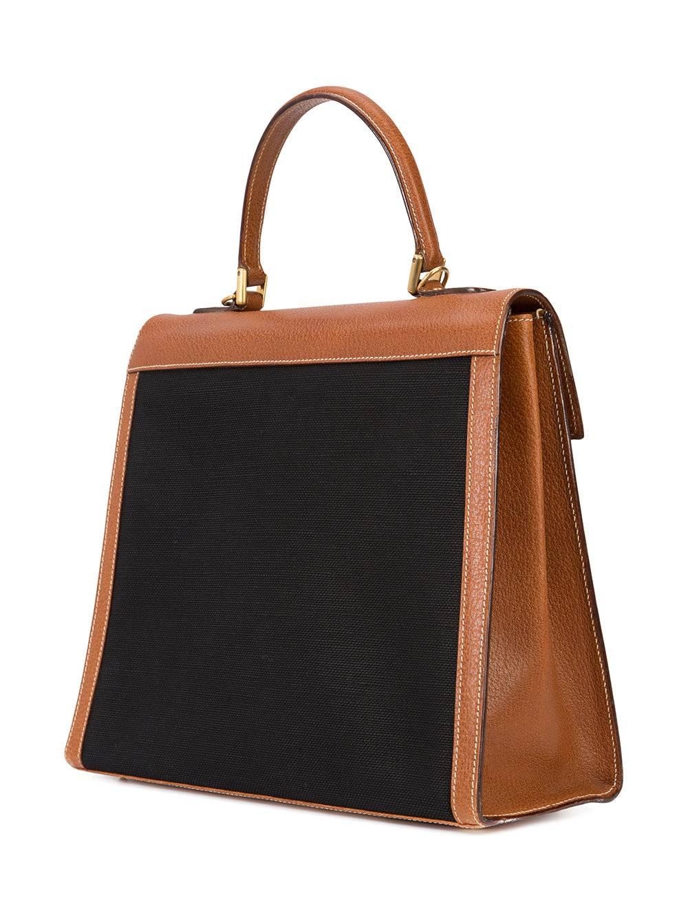 Orange Gucci Vintage Cognac Leather Black Canvas Kelly Top Handle Satchel Shoulder Bag 