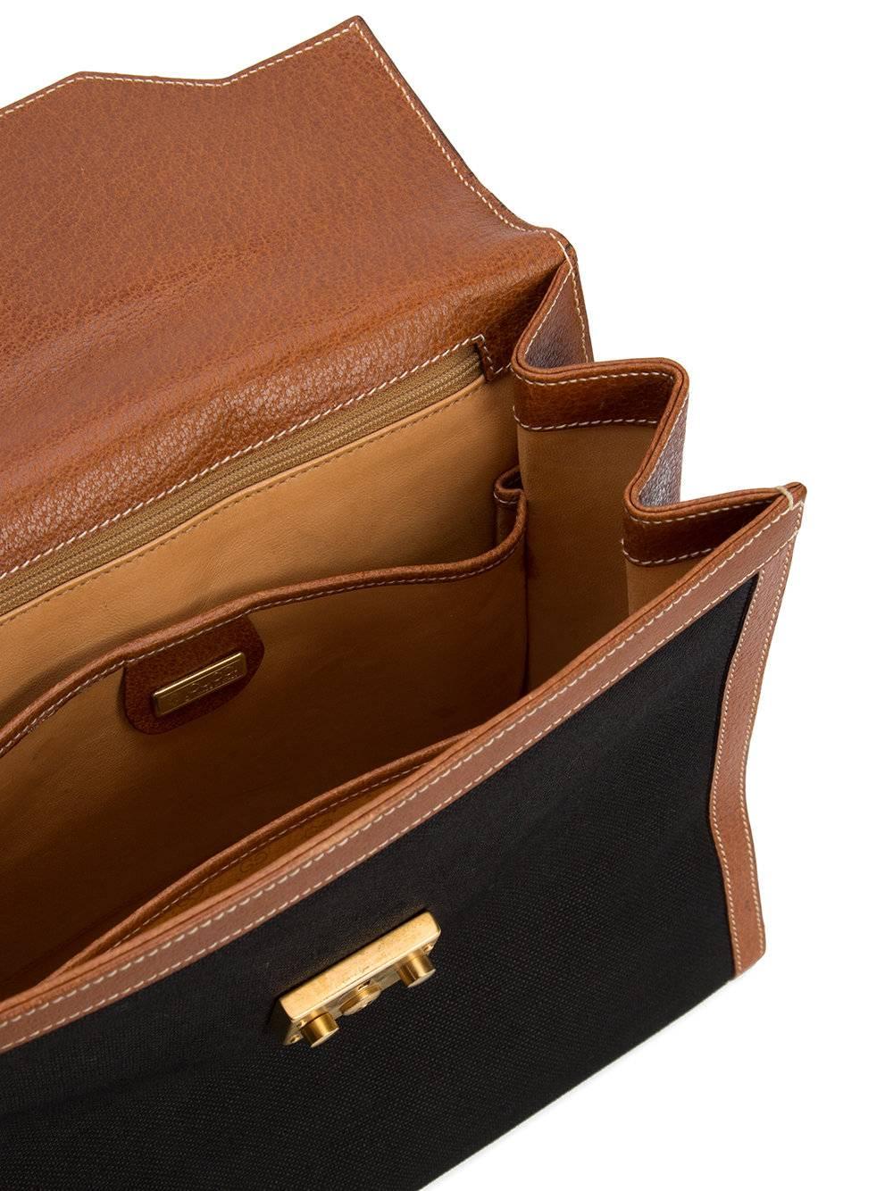 Gucci Vintage Cognac Leather Black Canvas Kelly Top Handle Satchel Shoulder Bag  In Good Condition In Chicago, IL