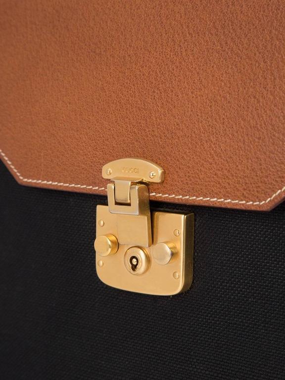 Gucci Vintage Cognac Leather Black Canvas Kelly Top Handle Satchel Shoulder Bag at 1stdibs