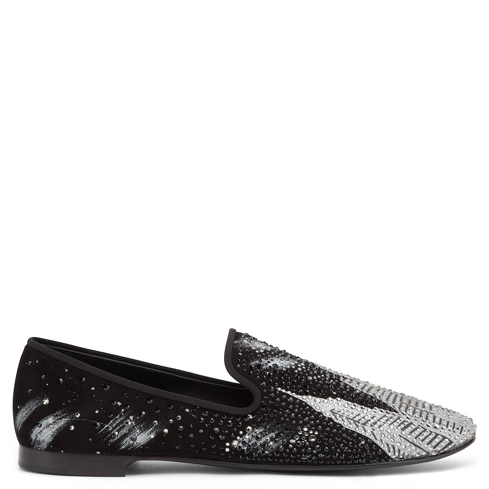 Giuseppe Zanotti New Men's Black Silver Crystal Loafers Smoking Slippers Box In New Condition In Chicago, IL