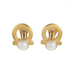 Salvatore Ferragamo Gold Logo Pearl Evening Stud Earrings 