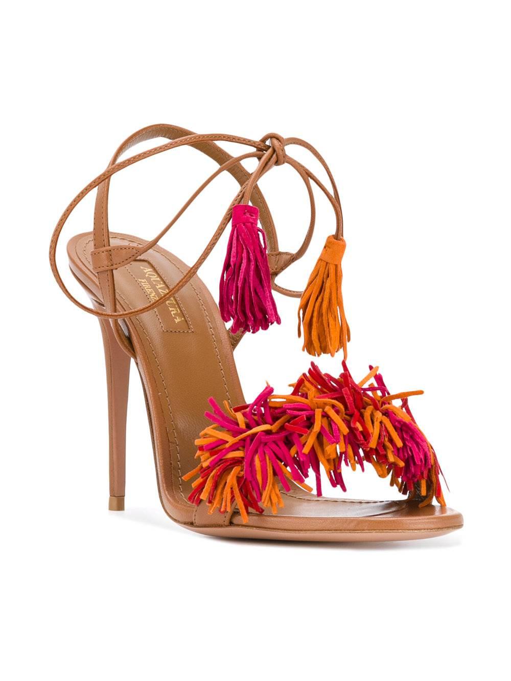 CURATOR'S NOTES

Aquazzura New Cognac Suede Pink Orange Fringe Sandals Heels in Box  

Size IT 36
Suede
Ankle tie closure
Made in Italy
Heel height 4