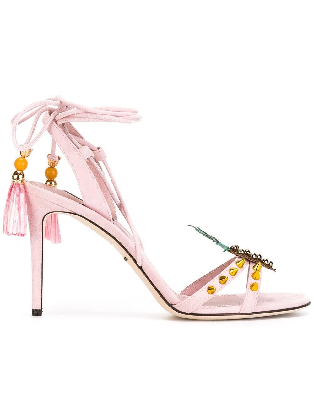 Dolce & Gabbana New Sold Out Pink Suede Ankle Tie Wrap Heels Sandals in Box In New Condition In Chicago, IL
