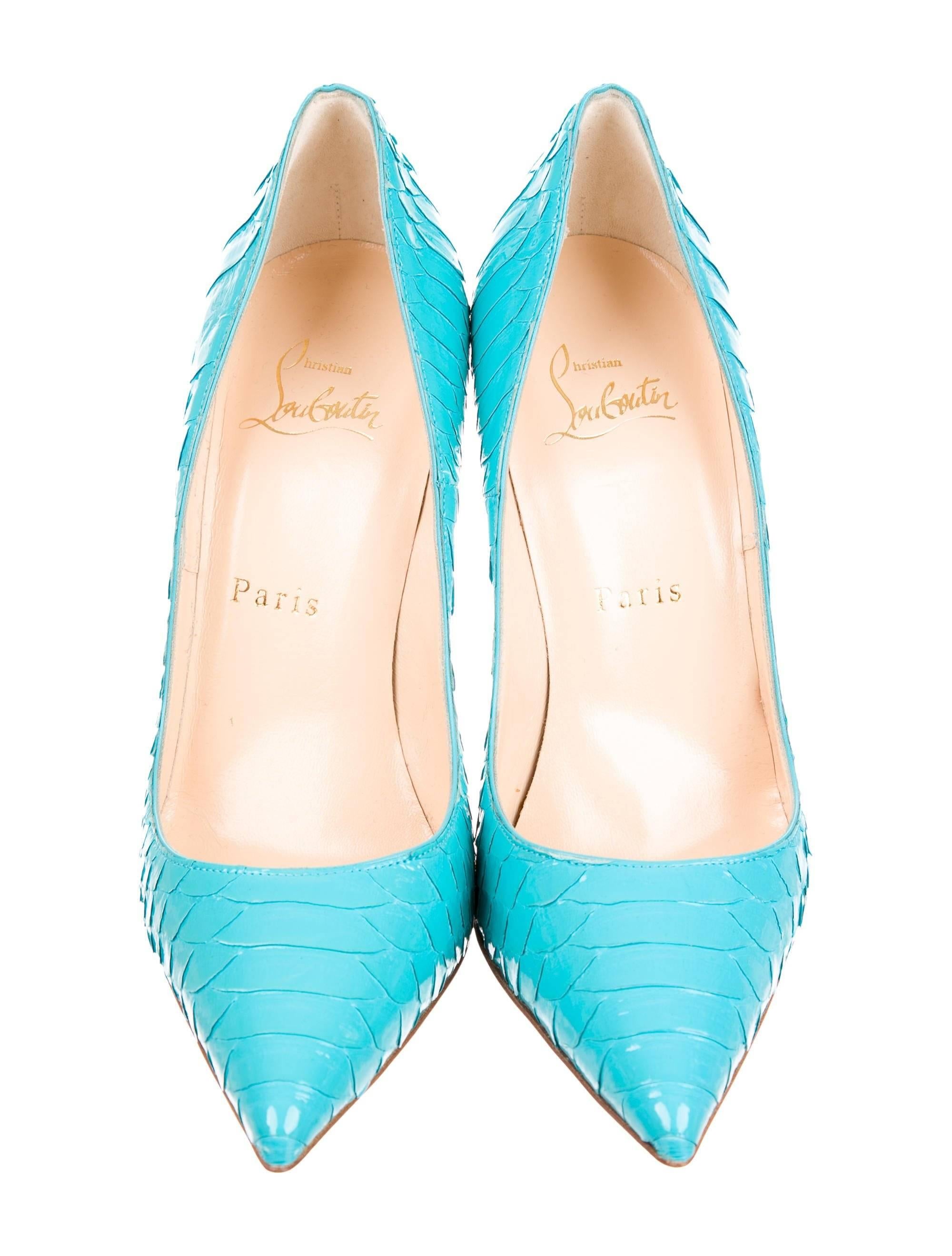 CURATOR'S NOTES

Christian Louboutin New Rare Tiffany Blue Snakeskin So Kate Heels Pumps in Box  

Size IT 36.5
Snakeskin (Python)
Slip on 
Made in Italy
Heel height 4.75"
Includes original Christian Louboutin dust bag and box