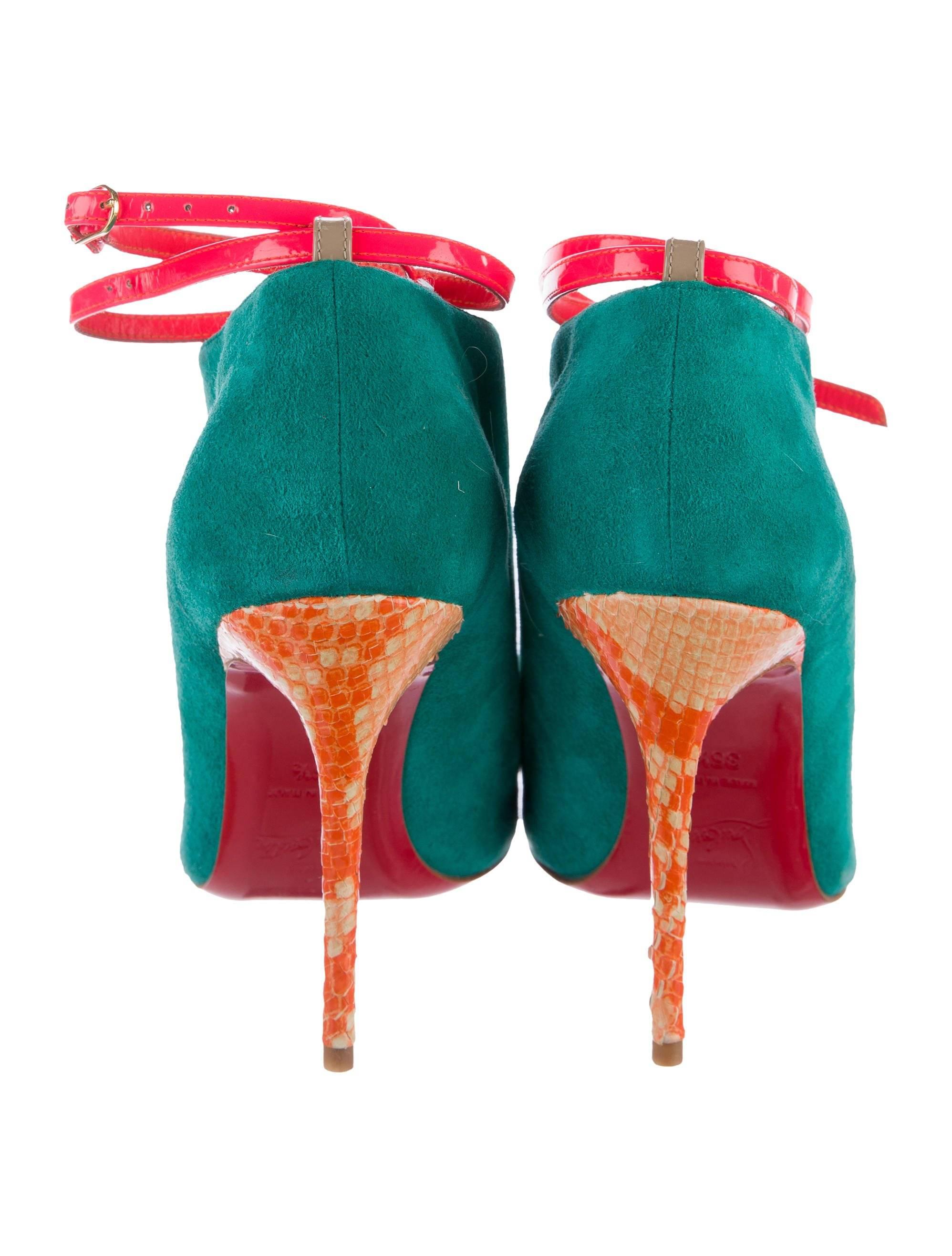 Christian Louboutin New Colorblock Suede Snakeskin Booties Sandals Heels  In New Condition In Chicago, IL