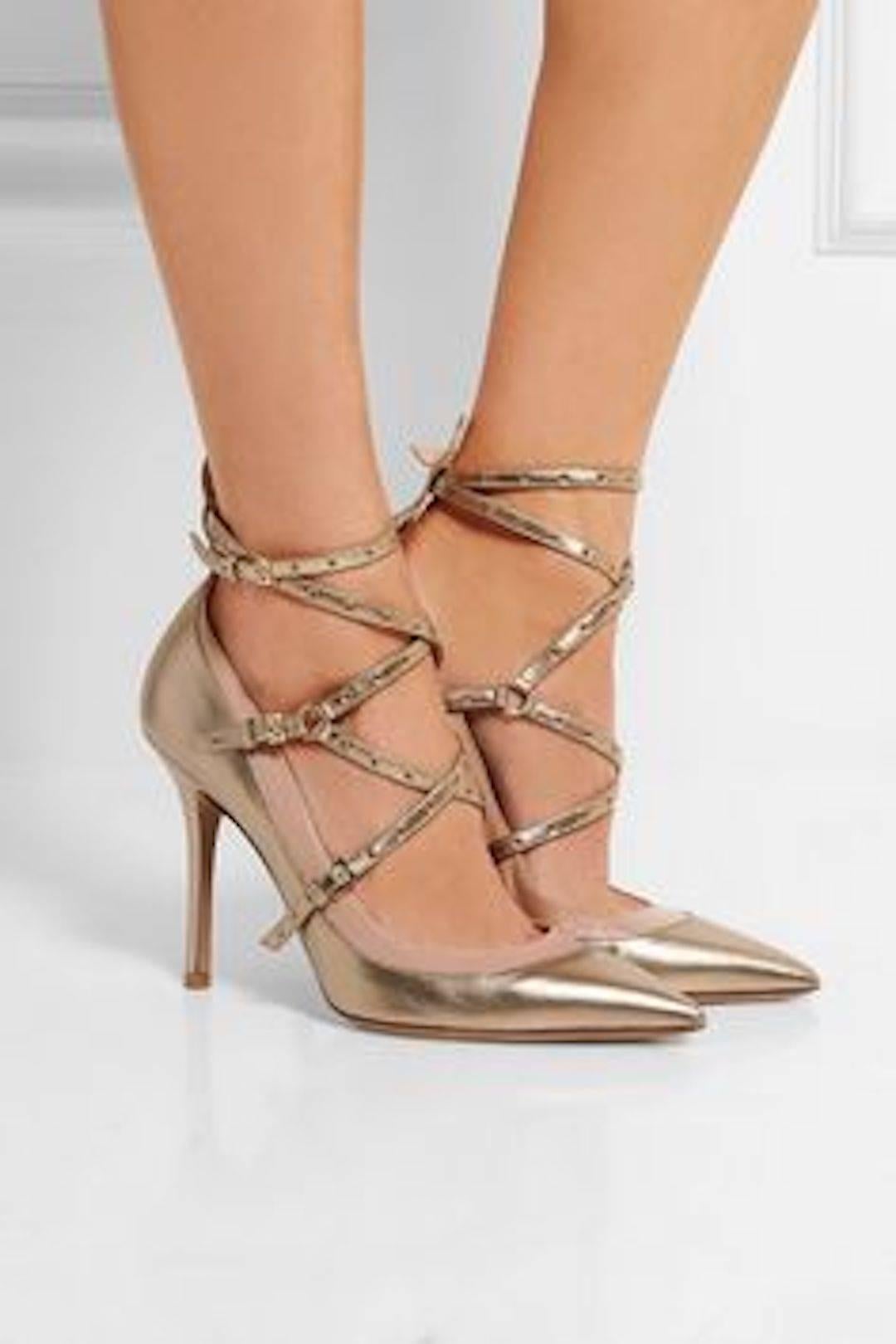 CURATOR'S NOTES  

Valentino New Gold Bronze Leather Cut Out Strappy Sandals Heels in Box   

Size IT 36.5
Leather
Ankle buckle closure 
Made in Italy 
Heel height 4"
Includes original Valentino box