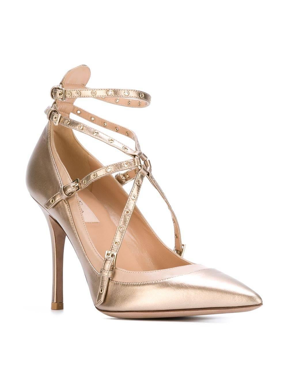 Valentino New Gold Bronze Leather Strappy Cut Out Heels Sandals in Box  1