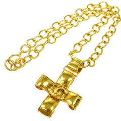 Chanel Vintage Gold Cross Charm Link Necklace in Box