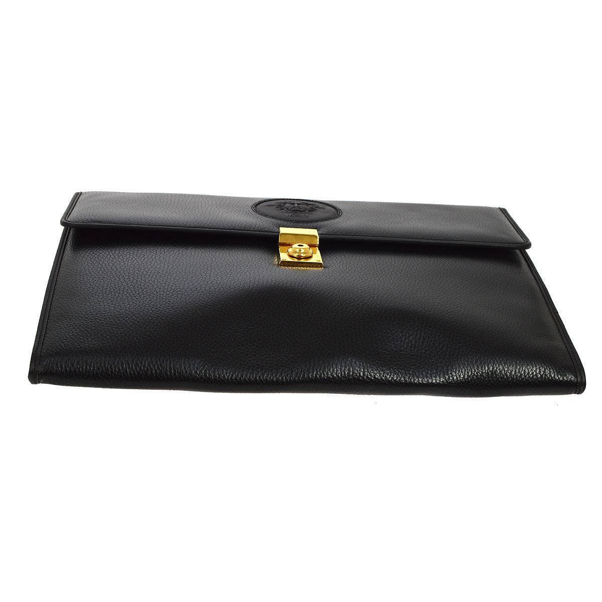 Versace Medusa Head Black Leather Envelope Evening Flap Clutch Bag with Key In Good Condition In Chicago, IL