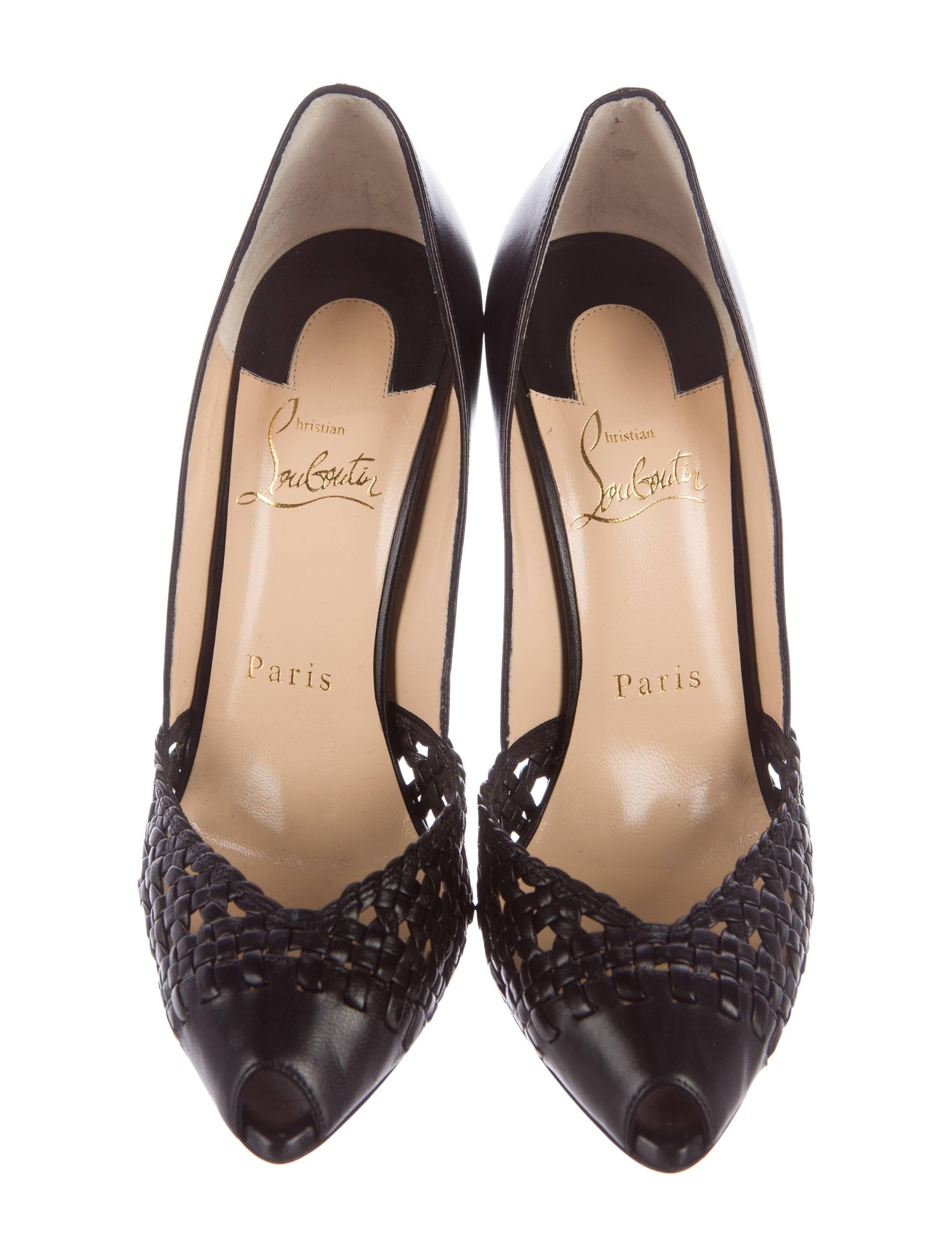 Christian Louboutin New Black Leather Weave Open Toe Evening Pumps Heels in Box In New Condition In Chicago, IL