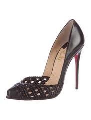 Christian Louboutin New Black Leather Weave Open Toe Evening Pumps Heels in Box