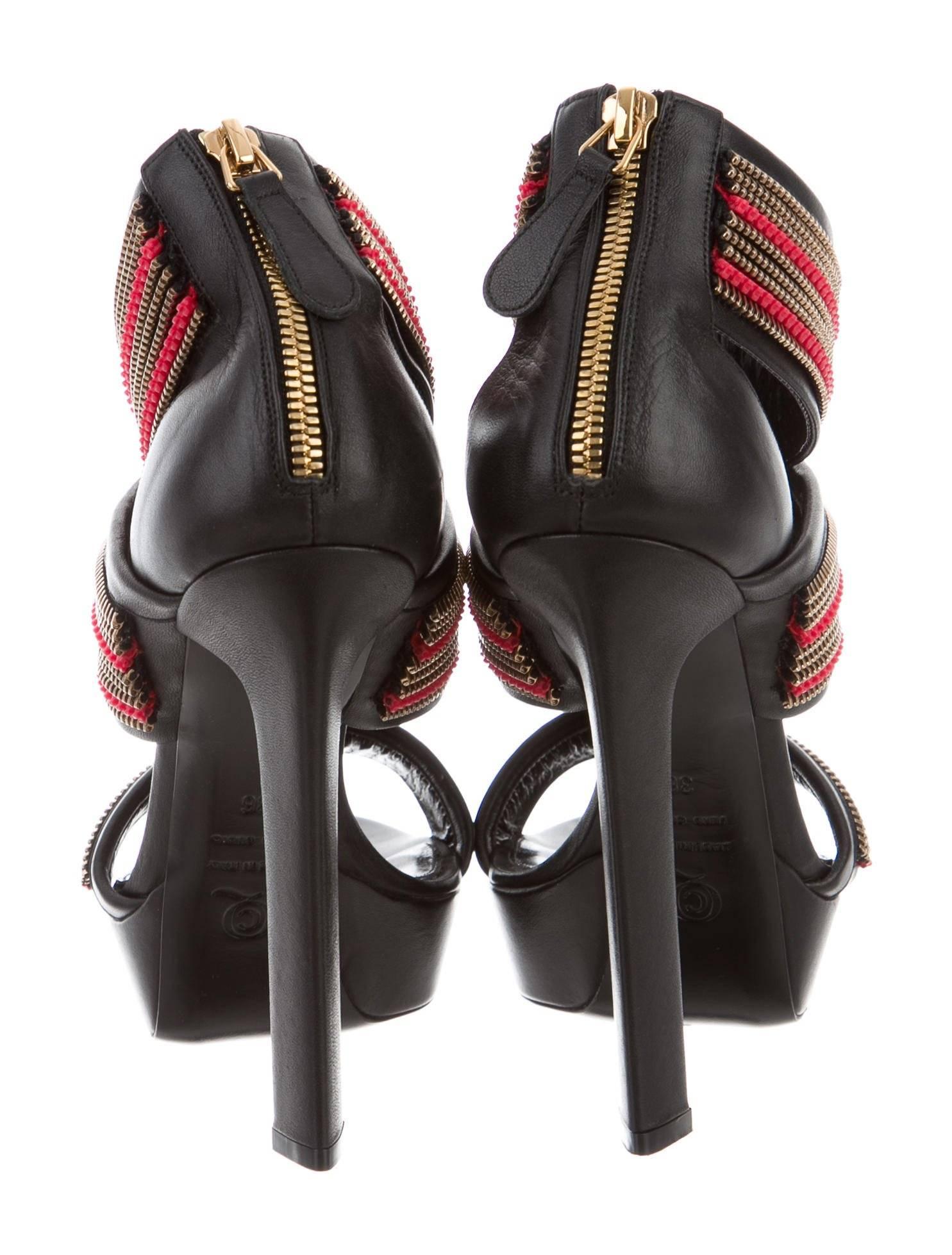 Women's Alexander McQueen New Black Leather Coral Bead Gold Metal Sandals Heels in Box