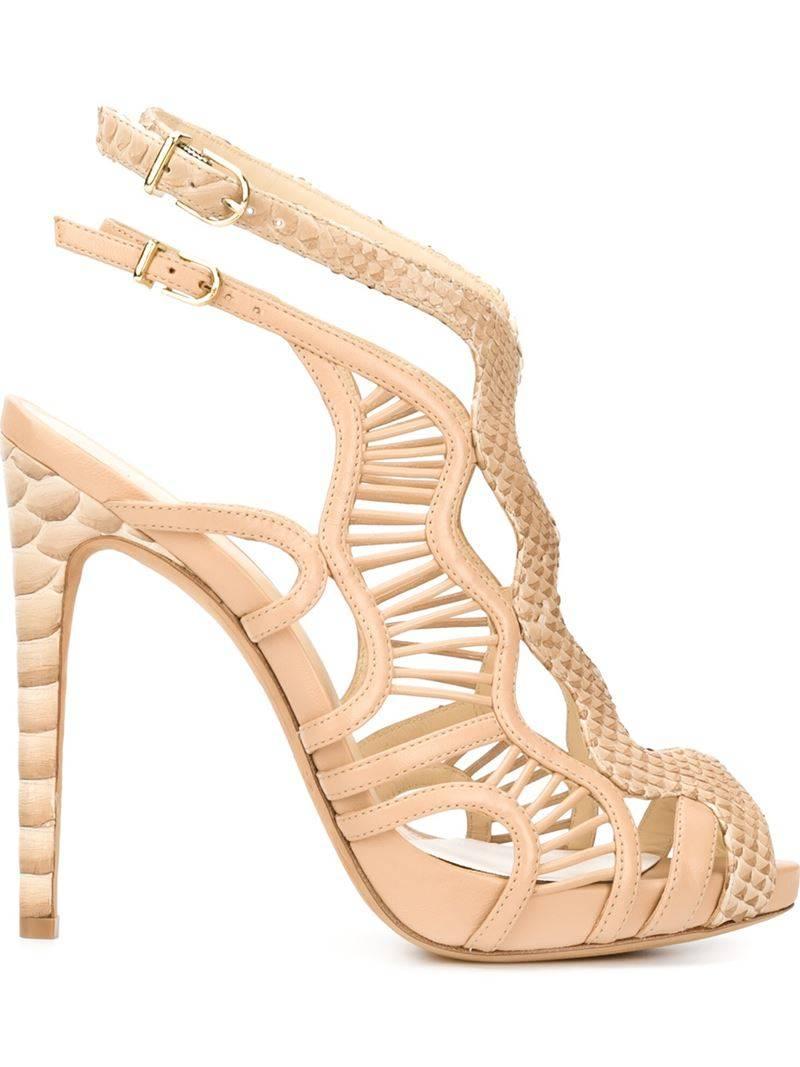 Alexandre Birman New Nude Leather Snakeskin Python Cut Out Heels Sandals in Box In New Condition In Chicago, IL