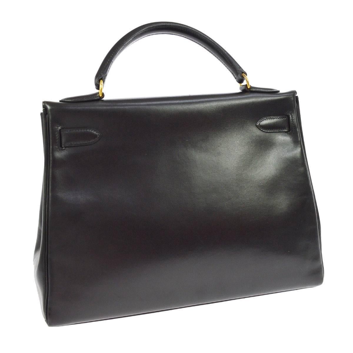 Women's Hermes Vintage Black Leather Gold Kelly 32 Top Handle Satchel Bag in Dust Bag