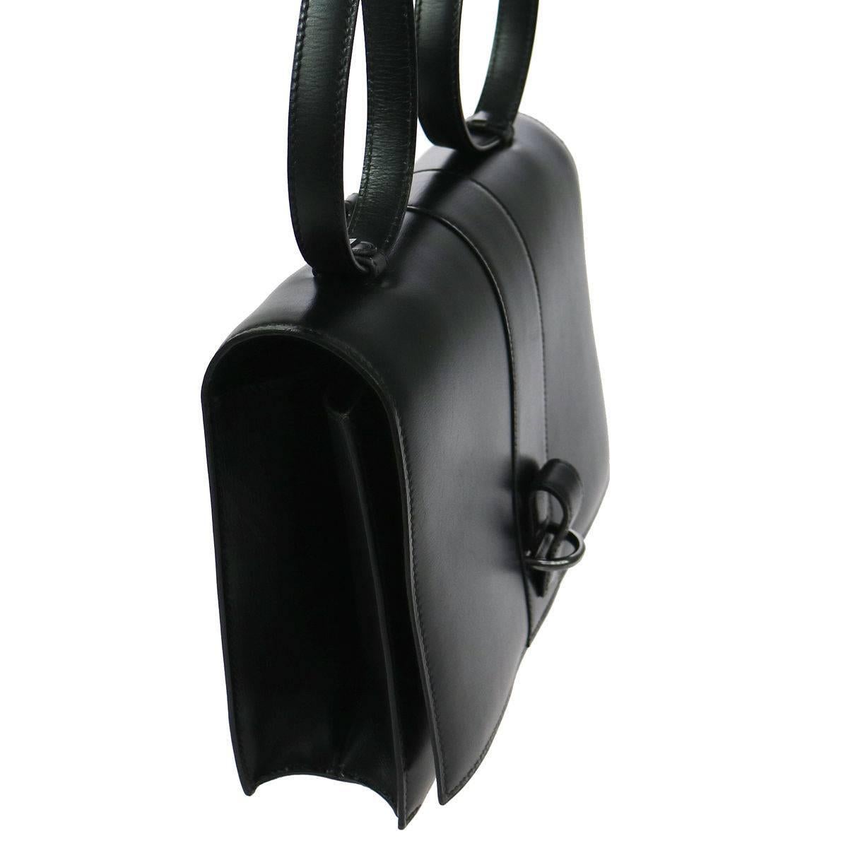 Women's Hermes Vintage Black Leather Top Handle Satchel Flap Shoulder Bag