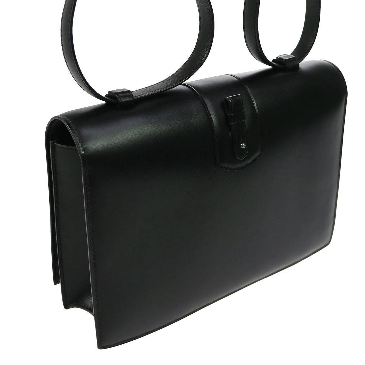 Hermes Vintage Black Leather Top Handle Satchel Flap Shoulder Bag In Excellent Condition In Chicago, IL