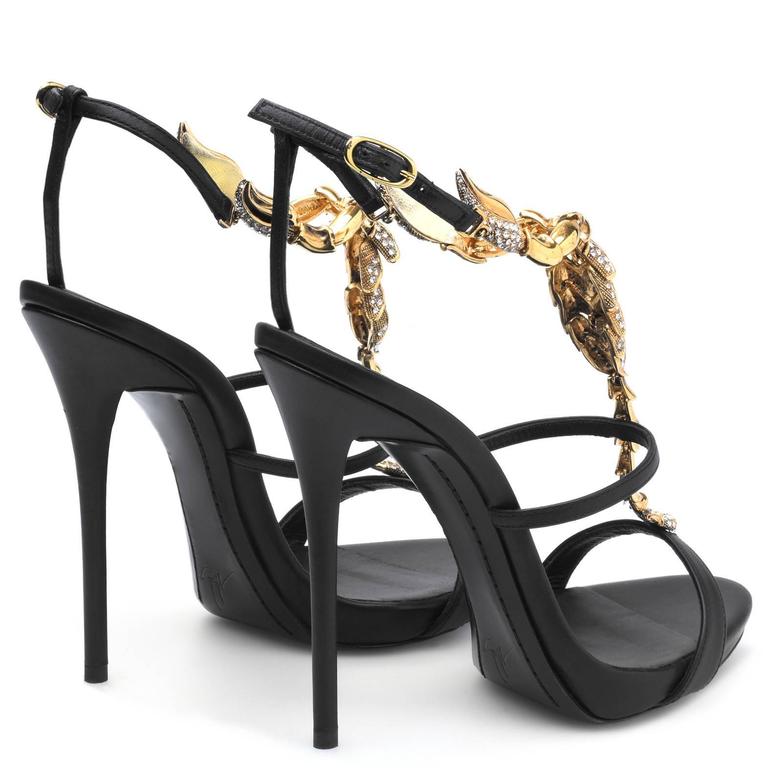 Women's Giuseppe Zanotti New Sold Out Black Leather Gold Crystal Evening Heels in Box