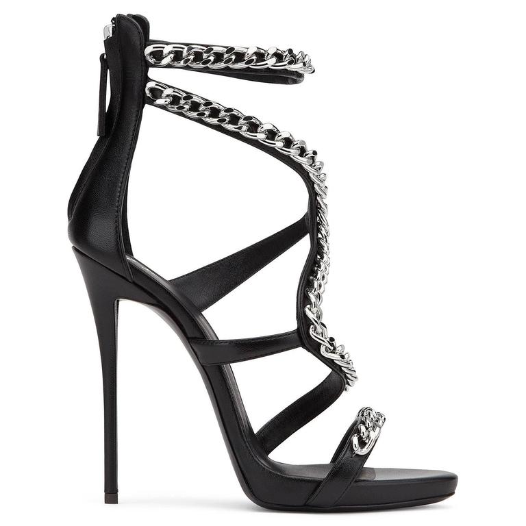 Gisuseppe Zanotti New Sold Out Black Leather Silver Chain Sandals Heels ...