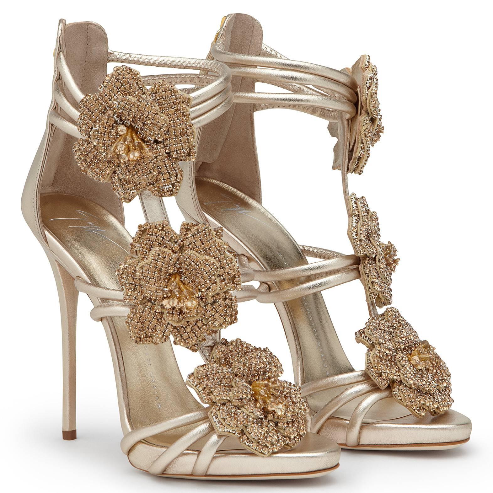 Giuseppe Zanotti New Gold Leather Crystal Rose Evening Sandals Heels in Box In New Condition In Chicago, IL