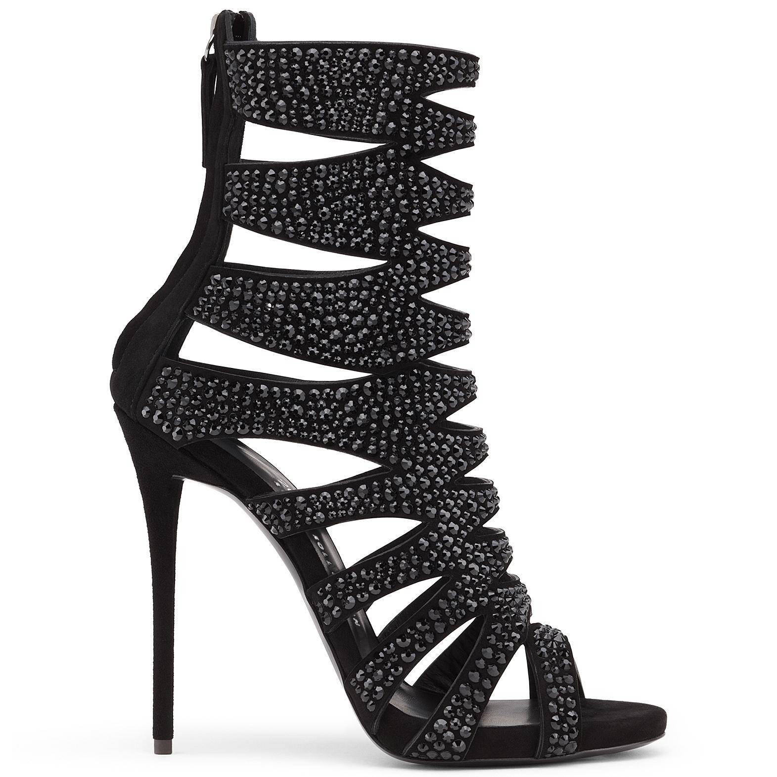 Women's Giuseppe Zanotti New Sold Out Black Suede Crystal Cut Out Sandals Heels in Box