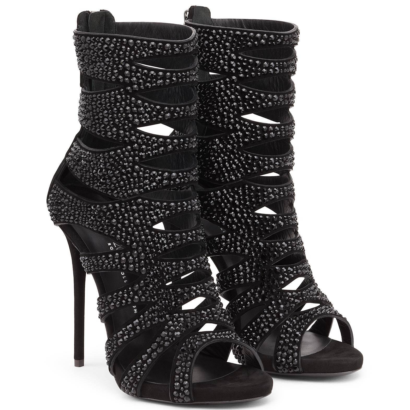 Giuseppe Zanotti New Sold Out Black Suede Crystal Cut Out Sandals Heels in Box In New Condition In Chicago, IL