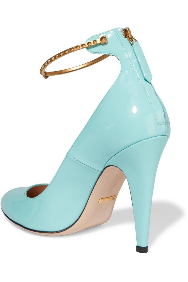 Gucci New Sold Out Tiffany Blue Patent Gold Chain Evening Pumps Heels