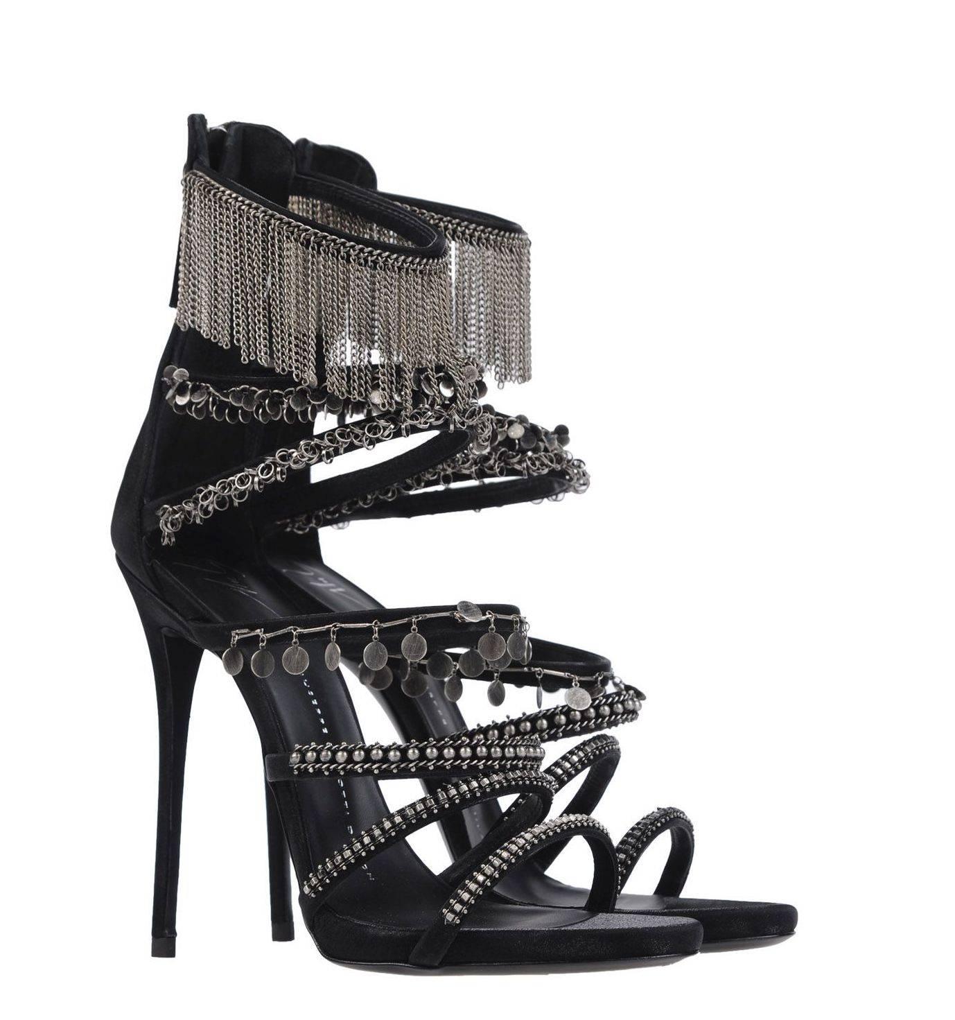 Giuseppe Zanotti New Sold Out Black Suede Silver Coin Chain Heels Sandals in Box  

Size IT 36
Suede 
Silver tone metal
Zipper back closure 
Made in Italy
Heel height 4.75