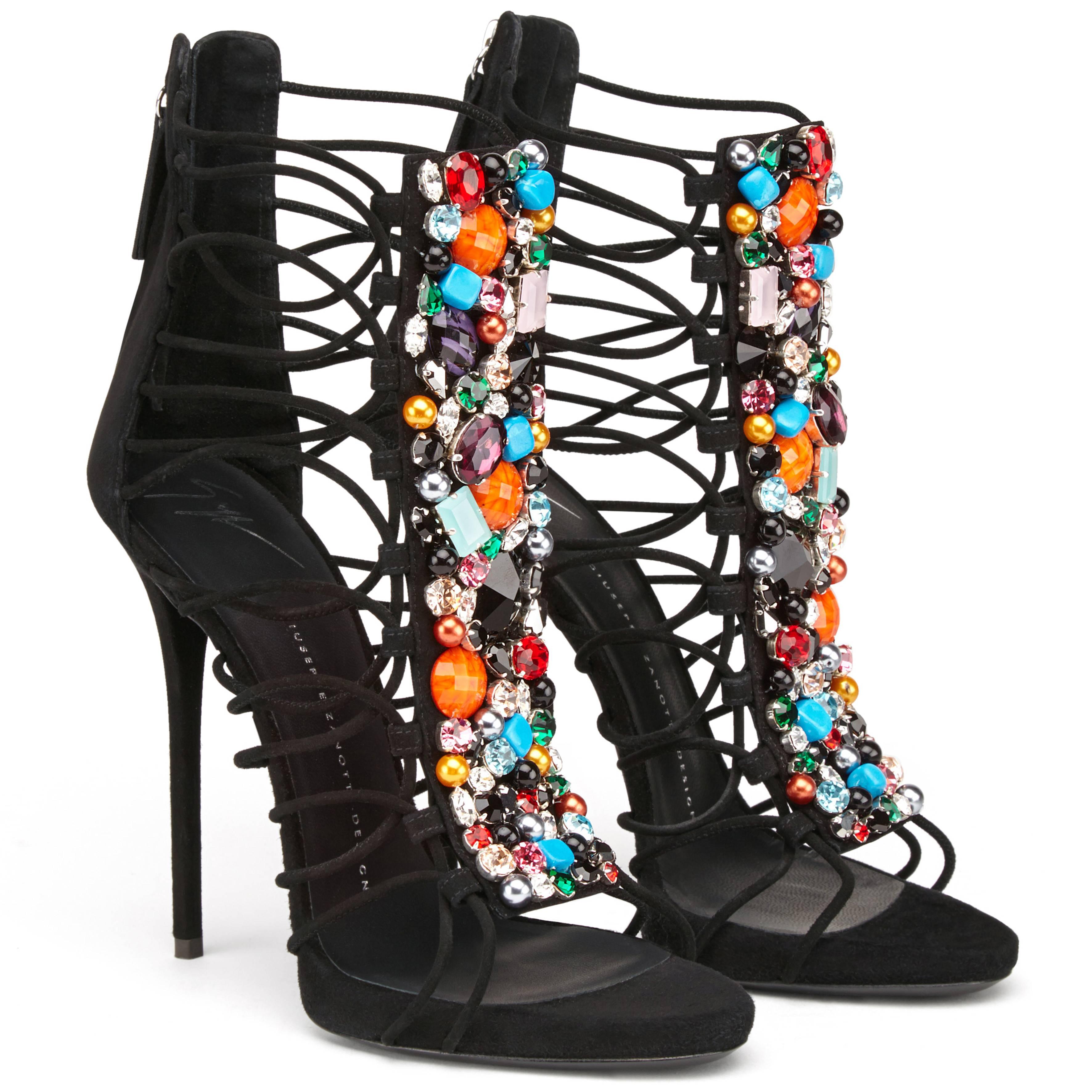 Giuseppe Zanotti New Sold Out Black Suede Crystal Evening Gladiator Heels in Box In New Condition In Chicago, IL