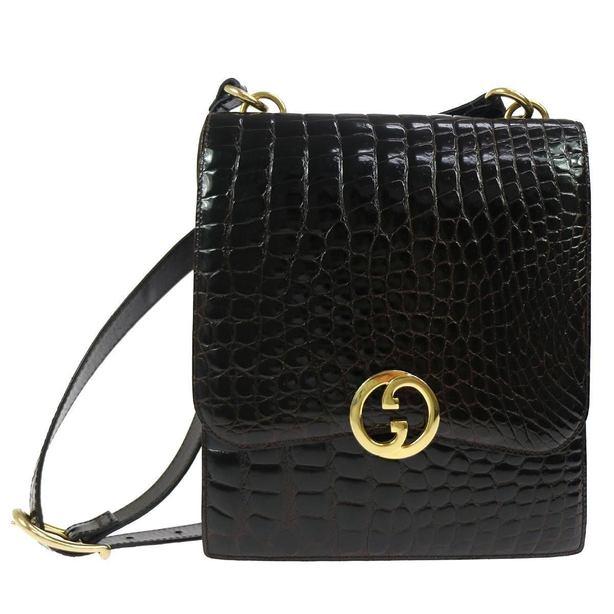 Gucci Vintage Croc Leather Gold GG Charm Evening Shoulder Flap Bag in Dust Bag