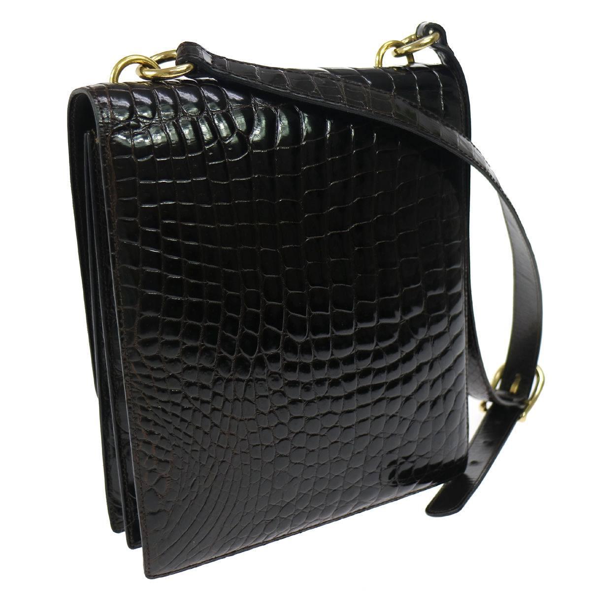 Black Gucci Vintage Croc Leather Gold GG Charm Evening Shoulder Flap Bag in Dust Bag